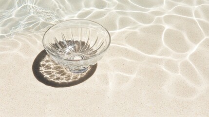 Sunlit crystal bowl casting intricate shadow patterns on a serene beige surface