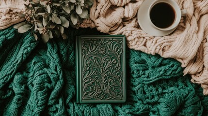 Cozy reading nook aesthetic featuring a book, coffee, and a warm blanket