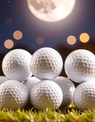 Golf balls stacked on grass under moonlit sky
