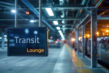 Modern transit lounge sign glowing with warm light, signaling travel and waiting in a bustling transportation hub.