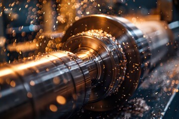 Precision machining sparks fly as metal is expertly shaped on industrial lathe, showcasing manufacturing power and innovation.