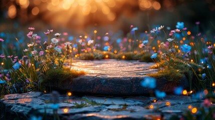Dreamy garden path illuminated by magical bokeh lights and blooming wildflowers at twilight