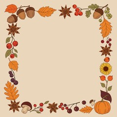 Fototapeta premium Rustic autumn harvest border design featuring acorns leaves berries pumpkins and star anise elements