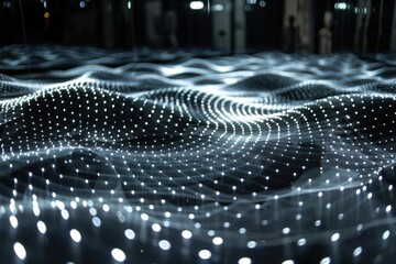 Stunning digital wave pattern of glowing white dots creating a futuristic, abstract landscape, perfect for technology and science concepts.