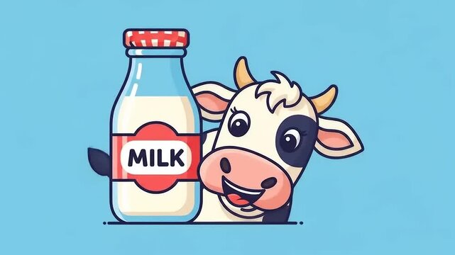Playful cartoon cow happily presenting a bottle of milk against a vibrant blue background