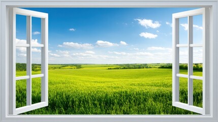 Open Window View to Green Garden and Nature Landscape