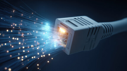 macro of RJ45 connector being inserted sparks of data flow visualization dark environment illustration concept scene visual for commercial design use high detail quality stock image illustration conce