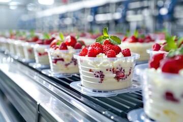 Freshly prepared creamy berry desserts with mint garnish move along a modern production line for immediate enjoyment