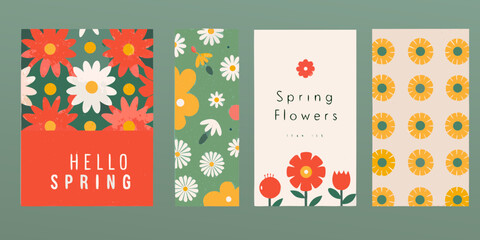 Collection of four vibrant and cheerful spring greeting cards featuring floral patterns and text