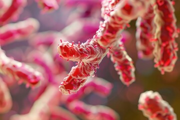 Microscopic view of vibrant red bacteria cluster showcasing detailed surface texture and pink pili, perfect for medical research and science concepts.