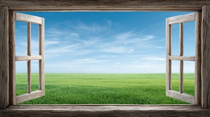 Open Window View to Green Garden and Nature Landscape