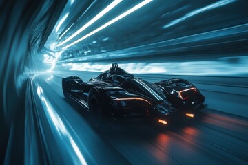 Sleek black futuristic race car speeds through glowing neon tunnel with motion blur, capturing high-speed adventure and cutting-edge technology.
