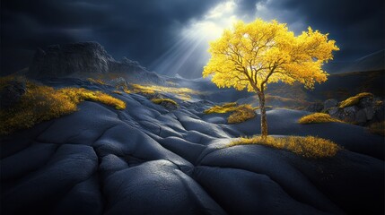Golden tree stands against a moody sky casting light over rugged landscape