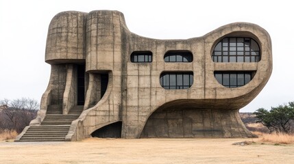 Unique concrete architectural construction showcasing brutalist and organic design elements in an