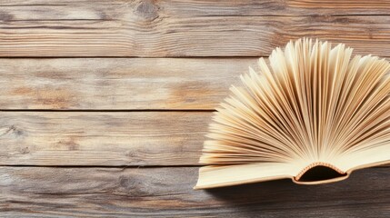 Open book displaying pages against a weathered wooden background providing a rustic academic