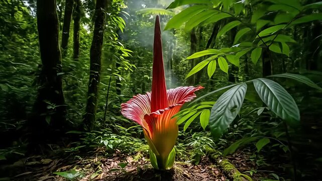 Blooming titan arum (corpse flower) in a dense, lush, and green forest clearing