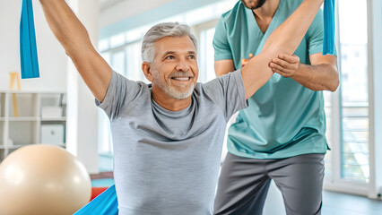Mature man receiving physical therapy with resistance band in clinic smiling