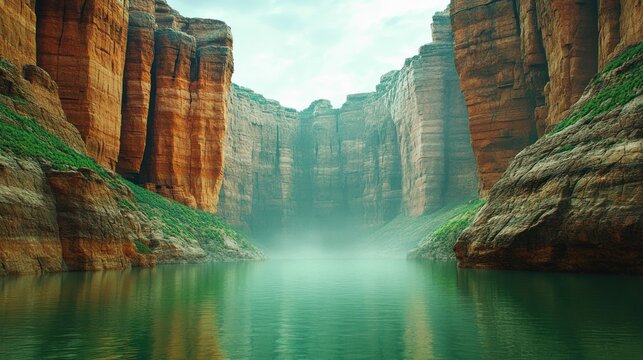 Majestic canyon landscape with towering cliffs and serene turquoise water surface reflecting the - Powered by Adobe