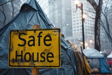 Yellow "Safe House" sign stands prominently amidst makeshift tents in a foggy urban environment with blurred city buildings in the background