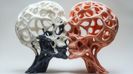 Two 3D-printed skull sculptures, one peach, one black and white, almost kissing
