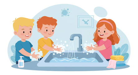 Vector illustration of children washing their hands
