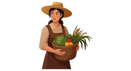A village woman is holding a basket containing the harvest. 