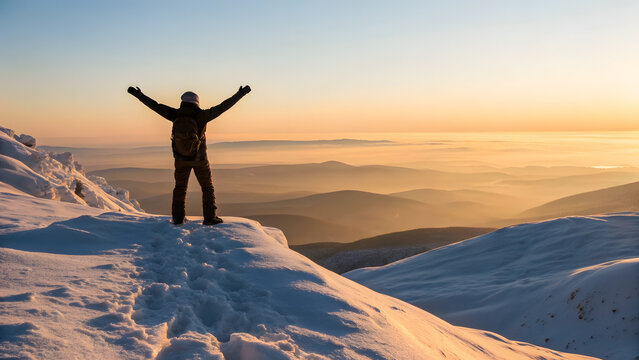 Hiker on Snowy Mountain Peak Celebrating Success with Arms Raised