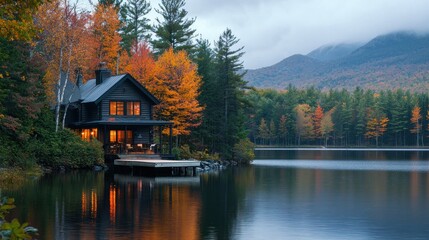 Fototapeta premium A serene lakeside cabin with a dock, surrounded by mountains and trees, providing the perfect peaceful retreat.