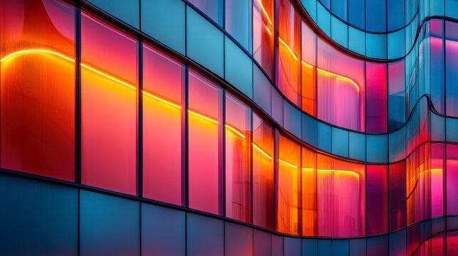 Vibrant, curved glass facade illuminated with warm and cool neon lights