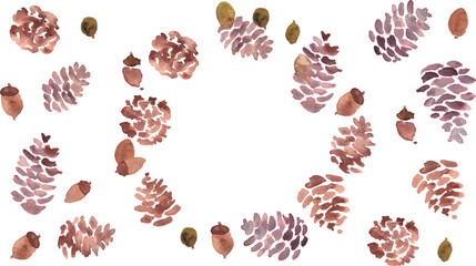 水彩画。水彩タッチの松ぼっくりイラスト。松ぼっくりと秋のイメージ背景。ベクターイラスト。
Watercolor. Pine cone illustration with watercolor touch. Autumn image background with pine cones. Vector illustration.