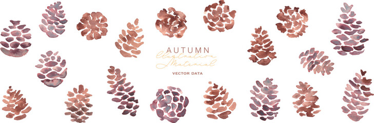水彩画。水彩タッチの松ぼっくりイラスト。松ぼっくりと秋のイメージ背景。ベクターイラスト。
Watercolor. Pine cone illustration with watercolor touch. Autumn image background with pine cones. Vector illustration.