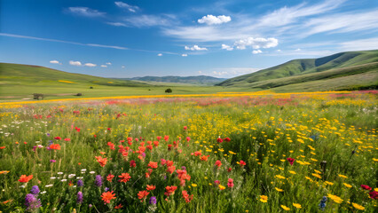 Vibrant wildflowers bloom in California super bloom meadow under blue sky