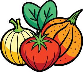 Hand-drawn doodle style colorful icon of tomato, sweet potato, and scallion combined.