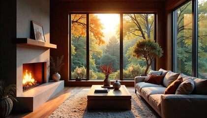 Fototapeta premium Cozy living room with a fireplace and large windows, offering abundant natural light and a warm, inviting atmosphere perfect for relaxation , fireplace, design, residential