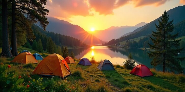 Serene sunrise over a sprawling tent campground nestled amongst lush green trees and a tranquil lake Perfect for outdoor adventures and camping enthusiasts , wilderness, forest