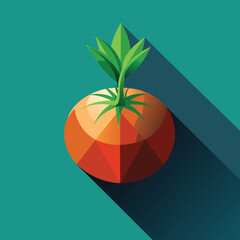 Dynamic angled flat icon of tomato with sweet potato root and scallion leaves, perspective.