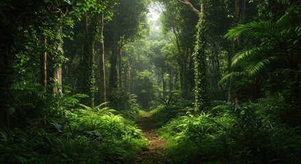 Obraz premium Lush Tropical Rainforest Path with Sunlight Rays