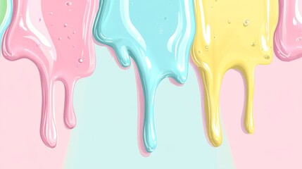 Naklejka premium layered pastel candy and ice cream drip design in soft pink, baby blue, lemon yellow and mint green, smooth vector style with glossy texture