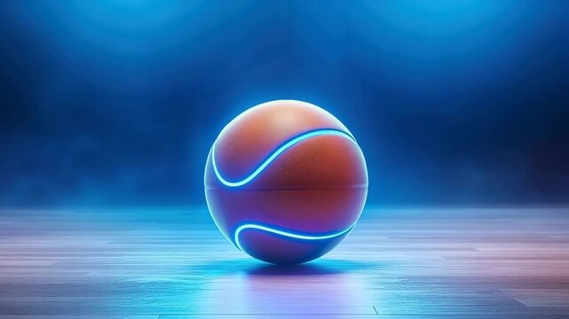 Futuristic basketball with glowing blue neon lines on wooden court, illuminated by dramatic lighting, modern sports concept, energetic atmosphere