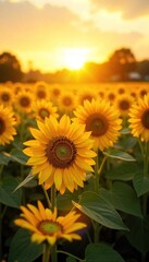 Obraz premium Golden Hour Sunflowers Joyful Summer Meadow in Vibrant Sunlight, Perfect for Happiness, Wellbeing, and Optimism Projects