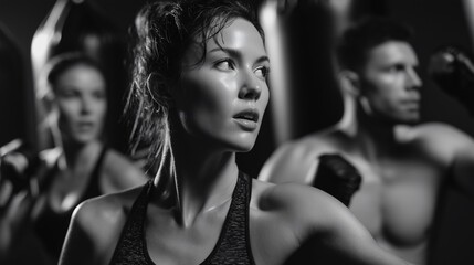 A dynamic shot of a boxing fitness class, with participants focused and powerful, hitting punching bags with intensity