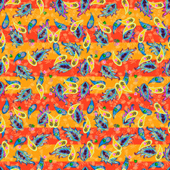 Beautiful striped pattern for clothes, bed linen, scarf with paisley,  flowers, leaves and intricate floral patterns. Seamless fabric print in ethnic style. African, Brazilian, Chinese, Indian motifs.