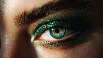 Obraz premium A close-up of a captivating eye featuring vibrant green eyeshadow and dramatic eyelashes, showcasing intricate details and striking colors.