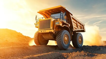 Large yellow dump truck dusty construction site sunset, heavy equipment and machinery outdoors, powerful industrial vehicle rugged terrain with