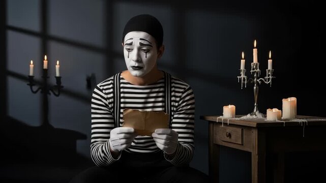 Emotional mime artist reading a letter by candlelight with sad expression and dramatic light