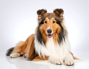 Rough Collie dog lying down studio shot