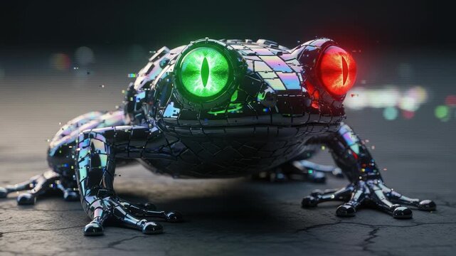 Futuristic chrome frog with glowing eyes in a cyberpunk cityscape ambiance for a surreal video clip