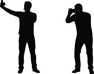 Silhouette man taking photo with camera, person holding smartphone selfie, photographer figure, human shape, photography concept, vector illustration design