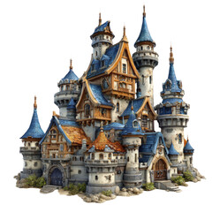 Fototapeta premium Intricate fantastical castle with multiple towers blue roofs and stone construction