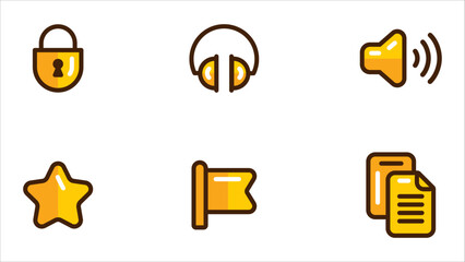 Flat Yellow-Brown Vector Icon Set – Security, Audio, Favorites, Files and Flag/Report Icons